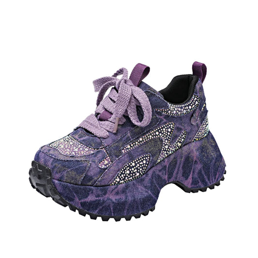 7CM Women Silver Crystal Casual Canvas Chunky Sneakers Woman Stylish Sport Shoes Lace-Up Platform Luxury Shoes zapatos mujer