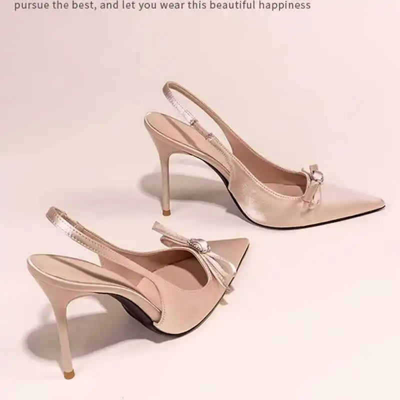 Knot  Head High Heels Sandals Women's Faionable Ele Velvet arp Point Thin Heel Low Cut Summer oes