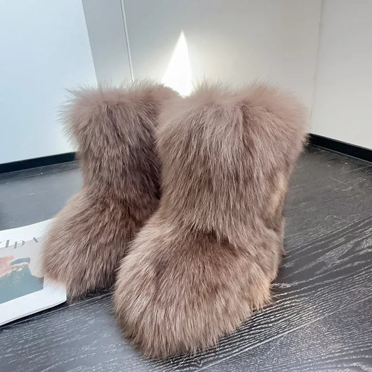 Winter Shoe Women's Winter Fluffy Real Fox Fur Boots Woman Plush Warm Snow Boots Luxury Footwear Girls' Furry Fur Bottes Fashion