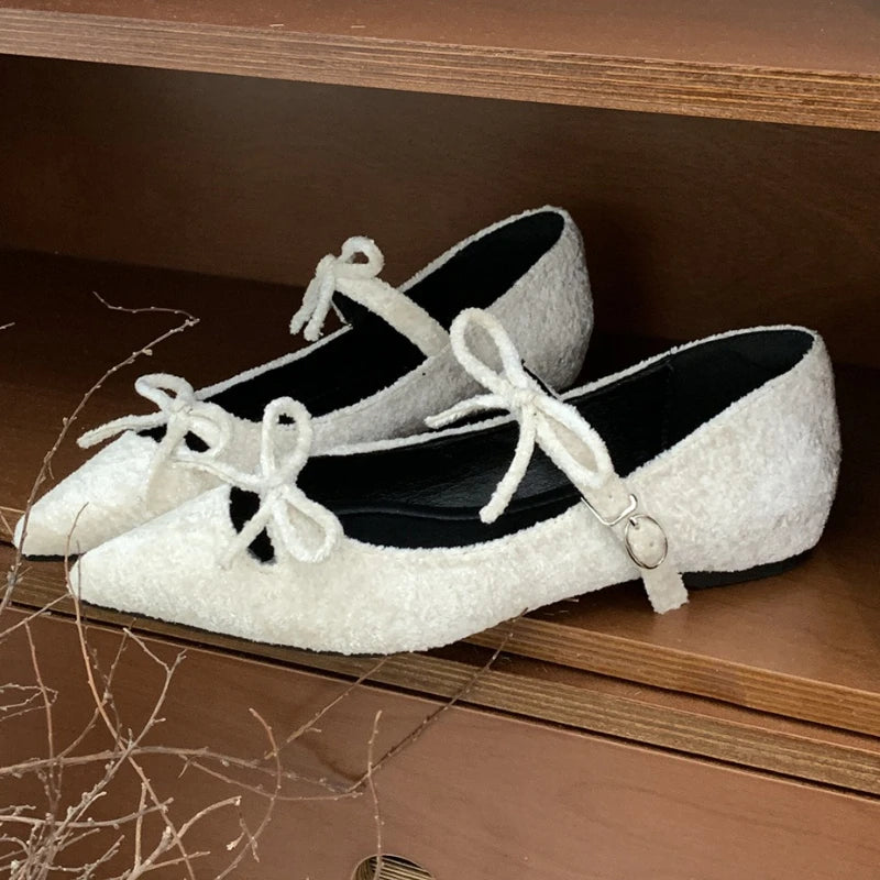 Butterfly-Knot Pointed Toe Mary Jane Shoes Women Shallow Fashion Casual Flat Shoes Elegant Ballet Dress Shoes Zapatos De Mujer
