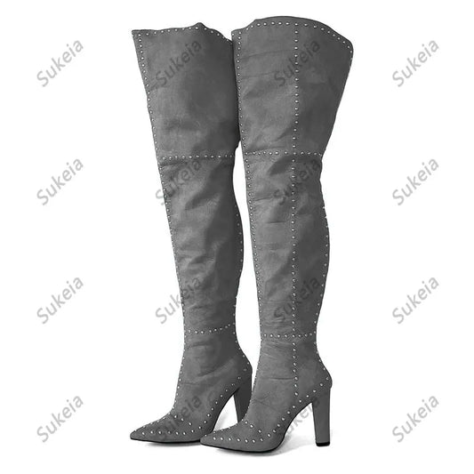 Sukeia Handmade Women Winter Thigh Boots Sexy Rivets Chunky Heels Pointed Toe Beautiful Fuchsia Red Shoes Ladies US Size 5-15