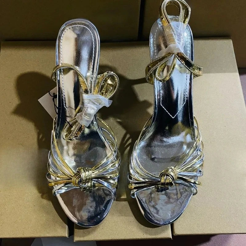 Retro Vintage Women's High Heel Sandals Golden Woven Hollow Out Open Toe Ankle Strap Sexy Party Shoes for Wedding Boho Beach