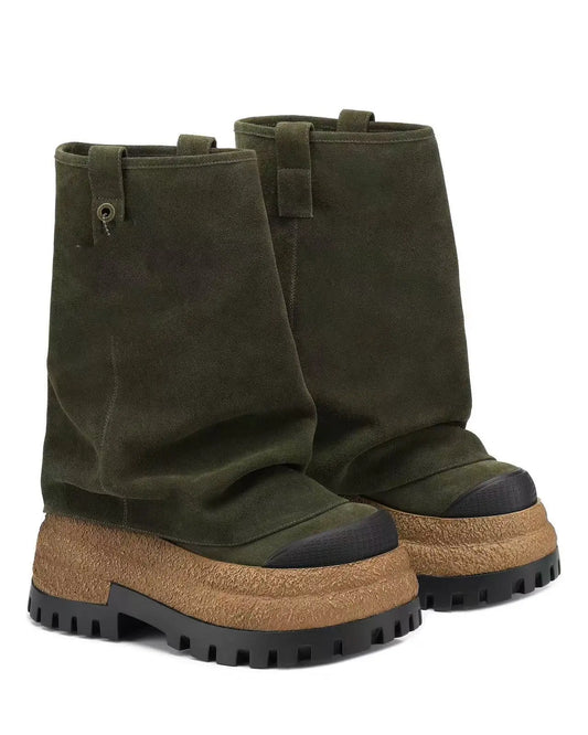 Europe And America Women's Slouchy Leather Boots Mid-Calf Length Chunky Street Style Accent Fashion Autumn/Winter Footwear