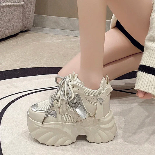Women Platform Sneakers Lace-up Autumn 11CM Sports Dad Shoes High Top Chunky Casual Shoes Woman Thick Bottom Mesh White Shoes