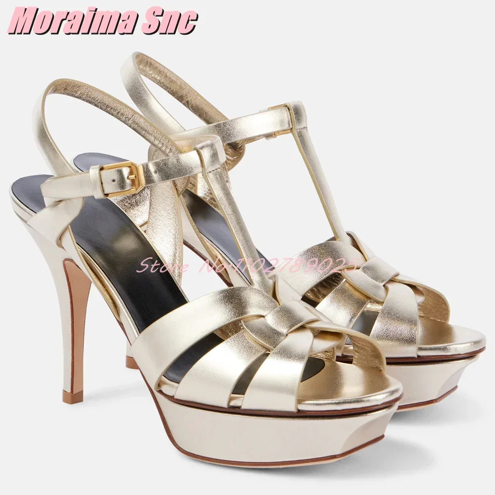 Platform Waeve T-strap Square Toe Sandals Stiletto High Heel Patent Leather Ankle Buckle Strap Sexy Fashion Women's Dress Shoes