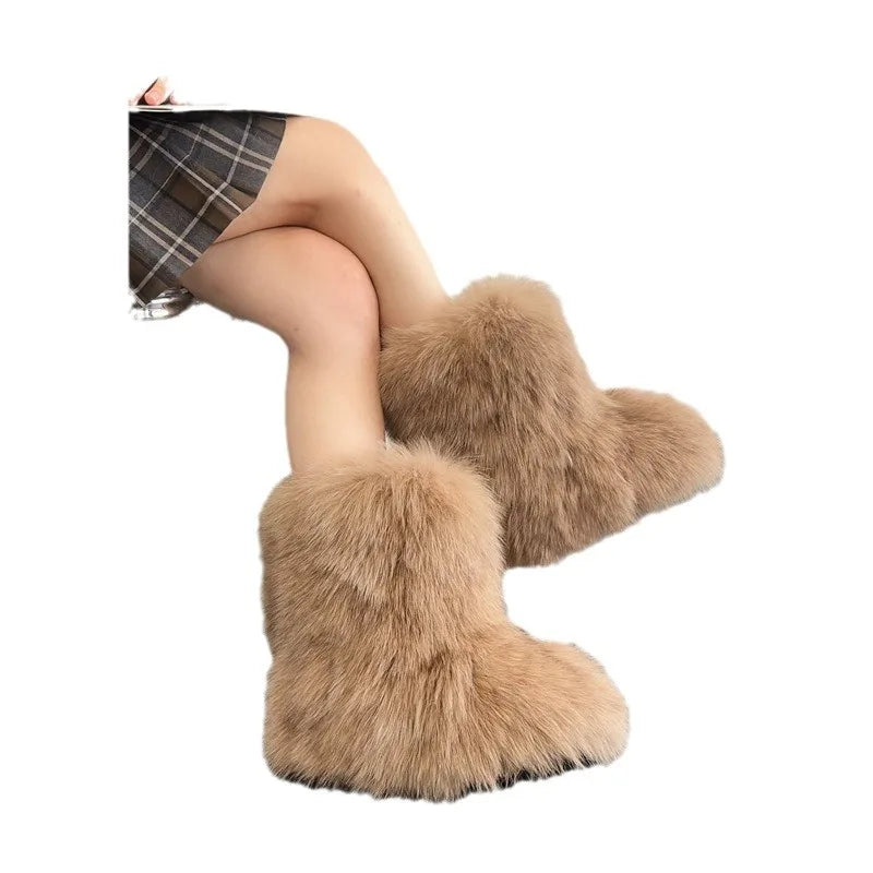 Winter Shoe Women's Winter Fluffy Real Fox Fur Boots Woman Plush Warm Snow Boots Luxury Footwear Girls' Furry Fur Bottes Fashion