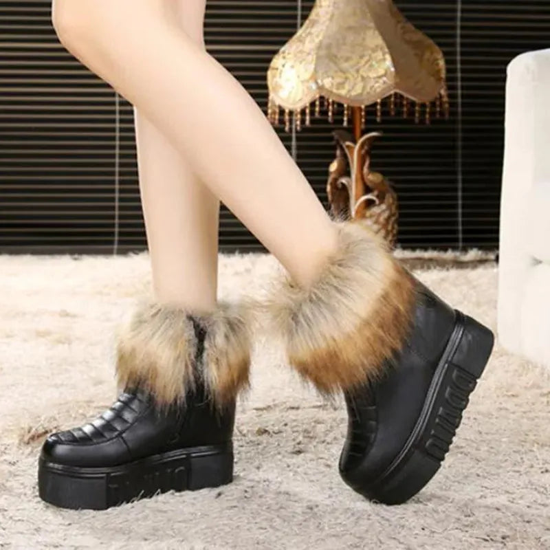 Winter Warm Leather Snow Boots Women Chunky Side Zip Cotton Shoes Fashion Plush Sneakers Height Increasing Footwear White Black