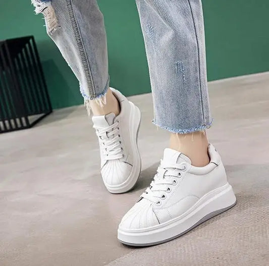 8CM New Platform Genuine Leather Chunky Sneaker Casual Hidden Heels Spring Summer Autumn Comfy Breathable High Brand Shoes