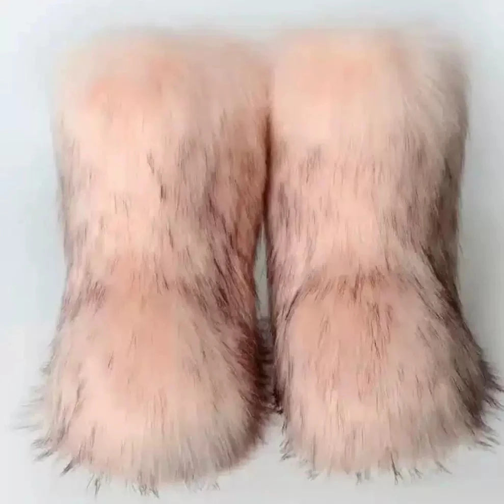 Brown Pink Women's Winter Fluffy Faux Fox Fur Boots Woman Plush Warm Snow Short Boots Luxury Footwear Girls' Furry Fur Booties