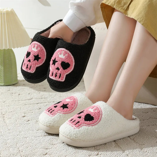 Punk Pink Skull Embroidery Couple Slippers Women 2025 Winter Comfort Flat Heel Cotton Slides Non Slip Plush Indoor Slippers