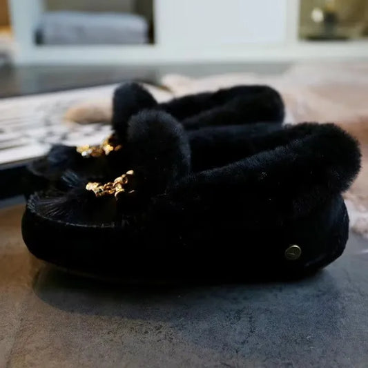 Women 100% Natural Fur Shoes Moccasins Loafers Soft Genuine Leather Leisure Flats Female Casual Footwear Size 34-44