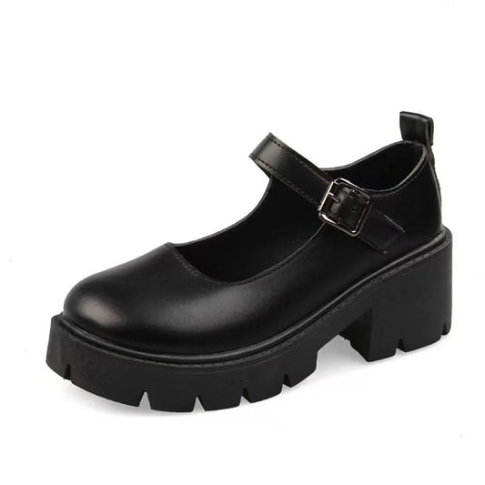 Mary Janes Lolita JK Leather Shoes Glossy/Matte Ankle Buckle Casual Single Shoes Platform Lolita Black High Heels Shoes Lady