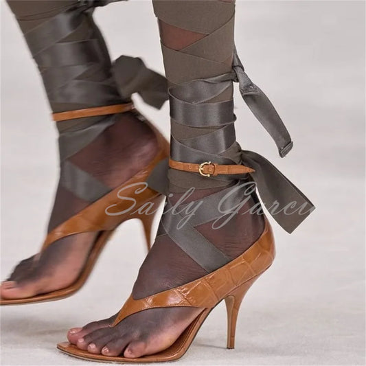 Brown Leather High Heel Flip Flop Women Open Toe Ribbon Lace Up Buckle Strap Solid Color Summer New 2025 Runway Dress Sandals