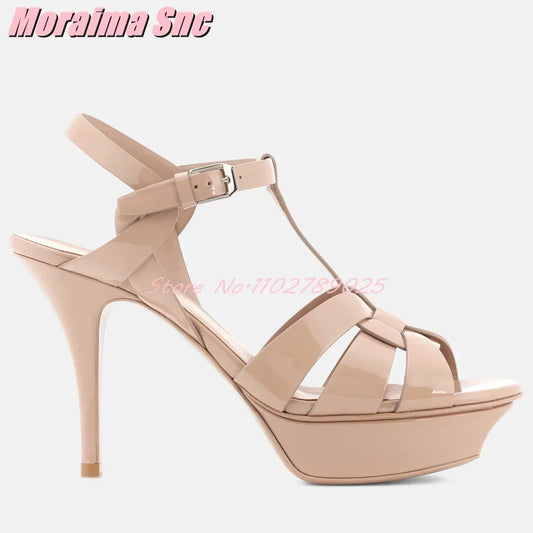 Platform Waeve T-strap Square Toe Sandals Stiletto High Heel Patent Leather Ankle Buckle Strap Sexy Fashion Women's Dress Shoes