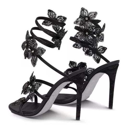Eilyken Sexy CRYSTAL Flower Thin High Heels Women Sandals Street Style Narrow Band Ankle Strap Pole Dancing Ladies Shoes