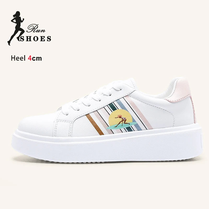 Woman White Versatile Casual Sports Shoes Niche Fashion Print Comforty Heightening Platform Sneakers Academy Style Board Shoes