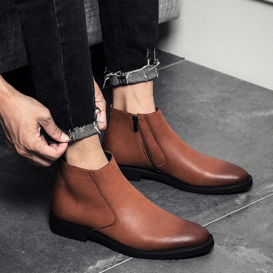 Fashion Chelsea Boots Men Soft Leather Ankle Boots British Style Men's Boots Brand Footwear Black A235