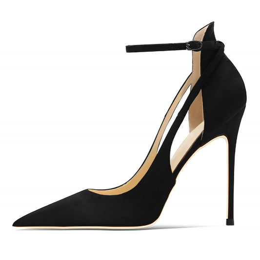 New 10cm Black White Women Ankle Strap Stiletto Shoes Pointed Toe Sexy Thin High Heels Wedding Banquet Sandals Big Size D003A
