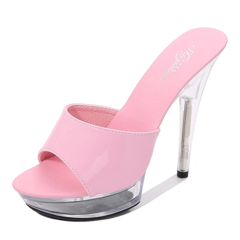 Clear Heel Candy Color 13cm15cm Special High Heels Thin Heels Sexy Waterproof Table  High Super High Slippers Women's Summer