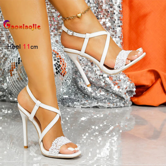 2025 New 11cm Super High Heel Elegant Women's Sandals Fashion Cross Tied Thin Heel Peep Toe Sandals Temperament White Lady Shoes