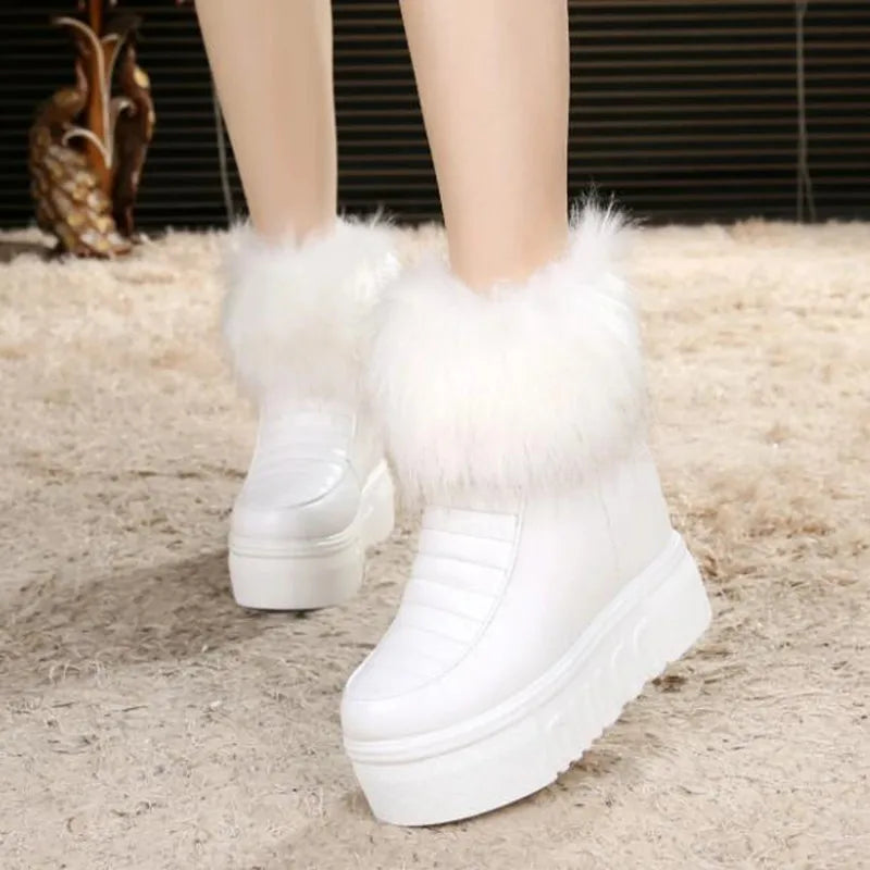 Winter Warm Leather Snow Boots Women Chunky Side Zip Cotton Shoes Fashion Plush Sneakers Height Increasing Footwear White Black