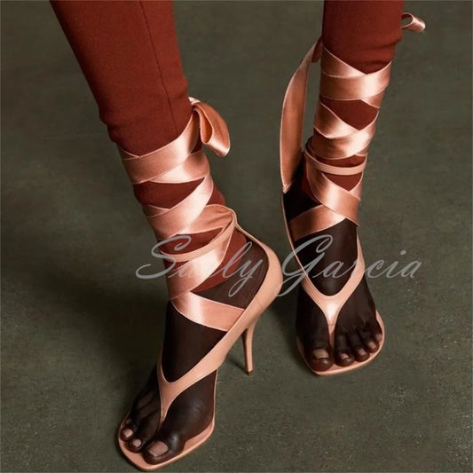 Brown Leather High Heel Flip Flop Women Open Toe Ribbon Lace Up Buckle Strap Solid Color Summer New 2025 Runway Dress Sandals
