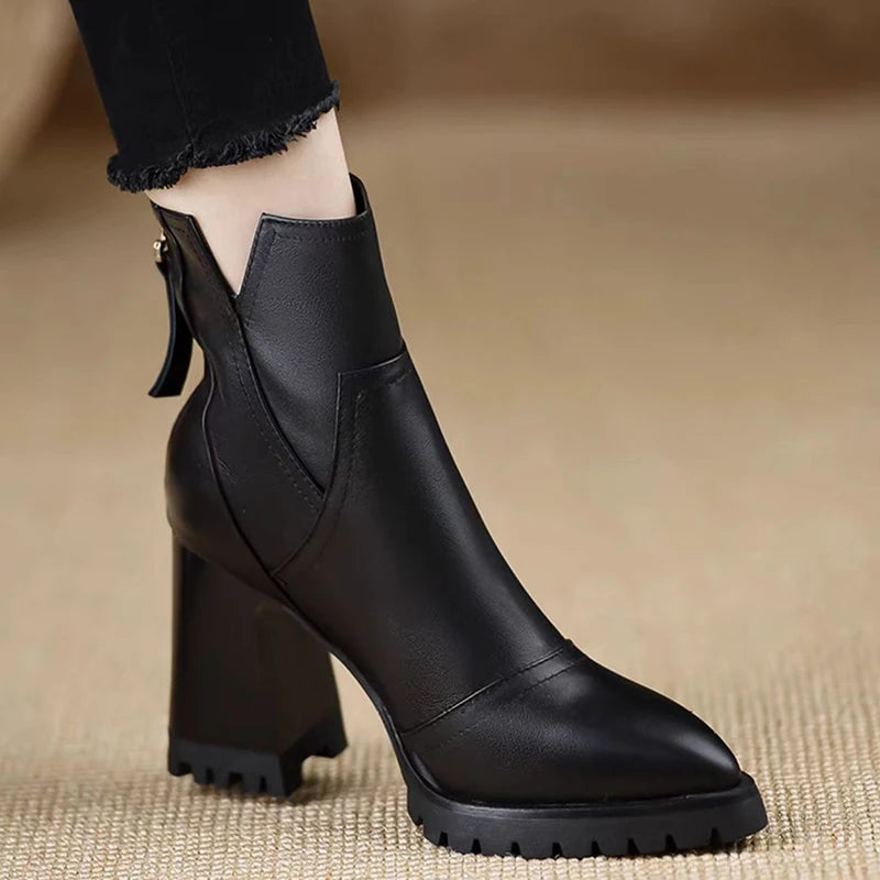 Oulylan Thick High-heeled Women Shoes Retro Elegant Back Zipper Short Boot Autumn Winter Fashion Soft Leather Boots 34-39