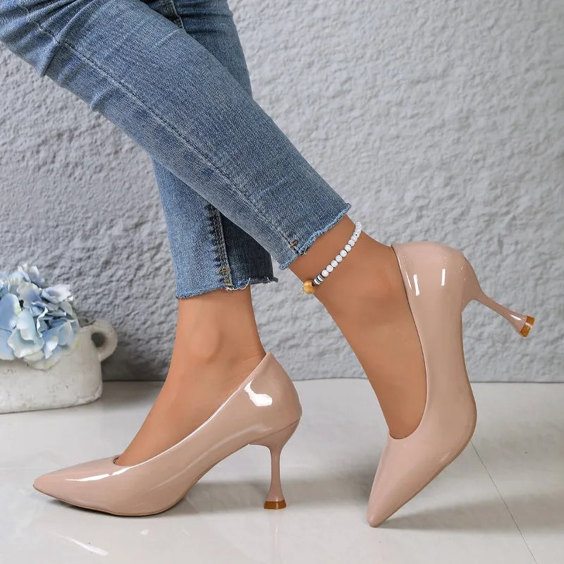 Slip-on Sneakers Autumn New Pointed Toe Light-mouth Patent Leather Wear-resistant Slip Slim Heel Shoes
