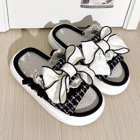 Home Linen Slipper for Women Cute Bunny Clouds Flip Flops Female Design Cozy Shoes Slides Four Season Platform Couples Sandals