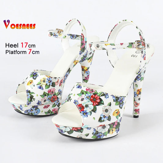 With Flower Print Women Summer Buckle Thick Platform Party Sandals 2025 New Fashion Model T Show Shoes 13CM 15CM 17CM High Heels