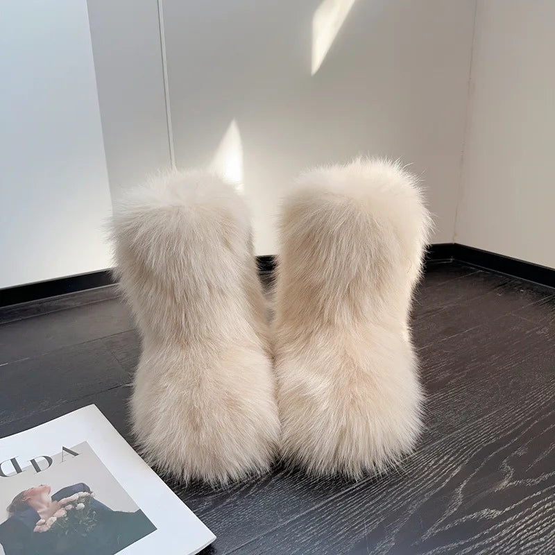 Winter Shoe Women's Winter Fluffy Real Fox Fur Boots Woman Plush Warm Snow Boots Luxury Footwear Girls' Furry Fur Bottes Fashion