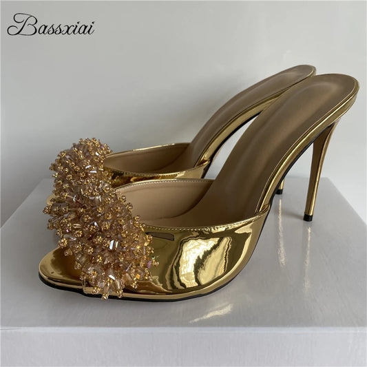 Crystal String Beads Flower Sandals Women 10cm Stiletto Heel Luxury Patent Leather Slingbacks Mules Summer