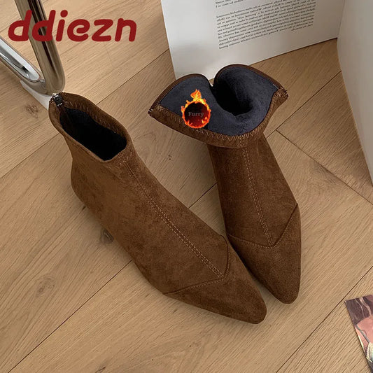 New Fashion Fur Women Ankle Boots With Plush Shoes Pointed Toe Female Warm Footwear Flock Ladies Short Boots Zippers Shoes