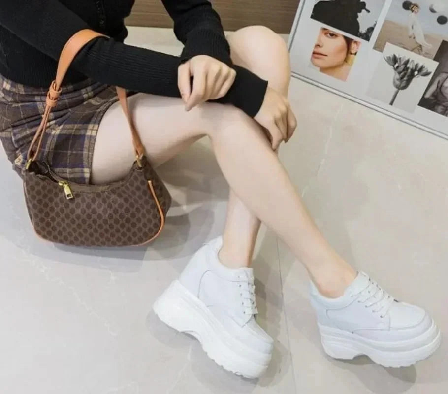 New Women Sneakers Genuine Leather Casual Platform Trainers Black Shoe 11CM Heels Autumn Wedges Woman Height Increasing Shoes