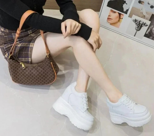 New Women Sneakers Genuine Leather Casual Platform Trainers Black Shoe 11CM Heels Autumn Wedges Woman Height Increasing Shoes