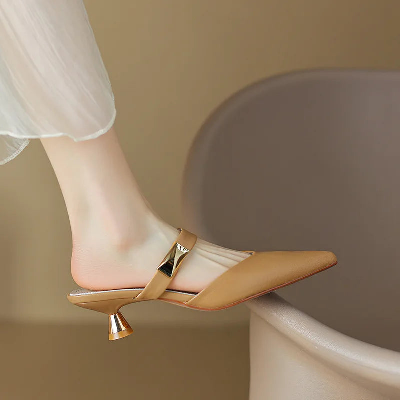 Singbacks Elegant Women Sandals High Heels Summer Pointed Toe Slip-on Mules Shoes Pumps Party Thin Heel Ladies Slippers De Mujer