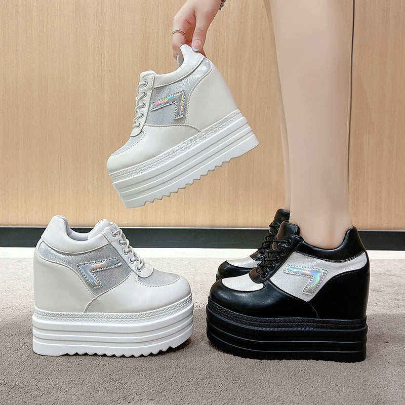 New 2025 Autumn Women High Platform Shoes Height Increasing Casual Shoes 13CM Thick Sole Trainers Leather Shoes Woman Sneakers