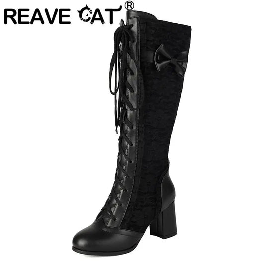 REAVE CAT 2025 Women's Knee-High Boots - Round Toe 6.5cm Block Heels Lace-Up & Bowknot Black Party Footwear Size 48