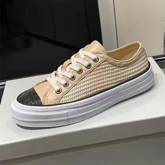 Classic Casual Sneakers Women Genuine Leather String Bead Round Toe Lace Up Flat Shoes Woman Braided Patchwork Walk Shoes Woman