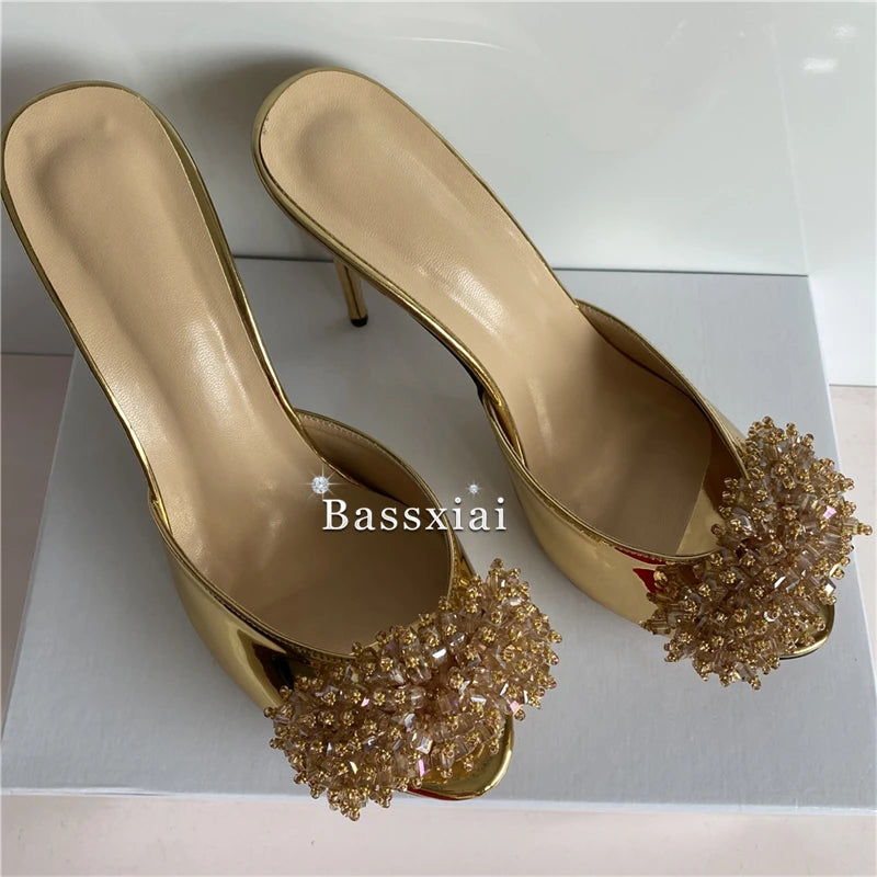 Crystal String Beads Flower Sandals Women 10cm Stiletto Heel Luxury Patent Leather Slingbacks Mules Summer