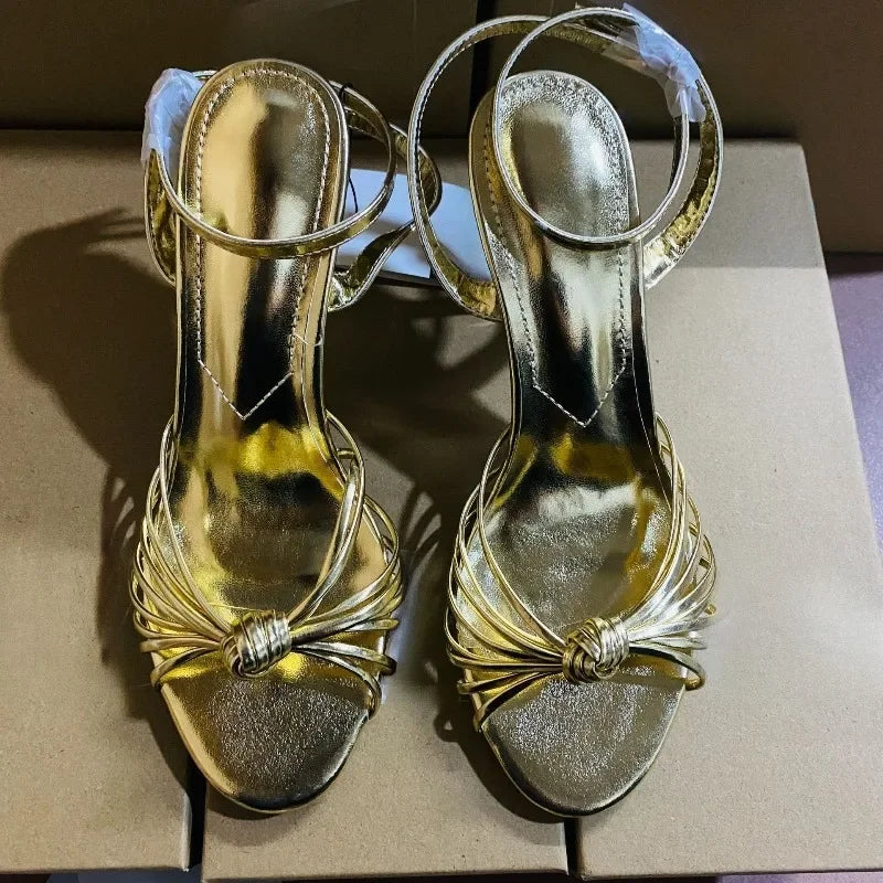 Retro Vintage Women's High Heel Sandals Golden Woven Hollow Out Open Toe Ankle Strap Sexy Party Shoes for Wedding Boho Beach