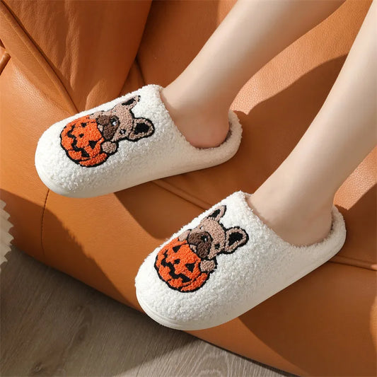 New Comfortable Halloween Pumpkin Slippers for Women, Indoor and Outdoor Pumpkin Dog Non-Slip Warm Thick Slippers