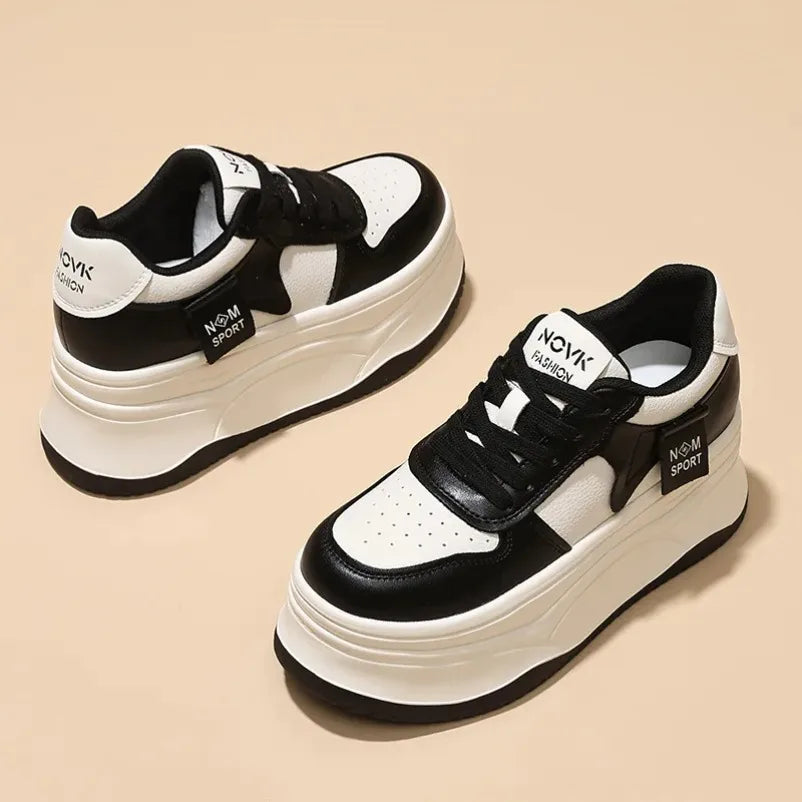 Koznoy Chunky Sneakers Genuine Leather Women Walking Shoes Autumn 12cm Platform Sneakers for Women Casual Shoes White Shoes
