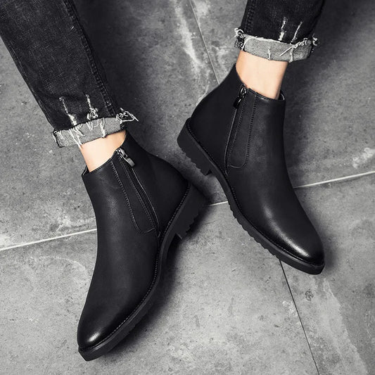Fashion Chelsea Boots Men Soft Leather Ankle Boots British Style Men's Boots Brand Footwear Black A235