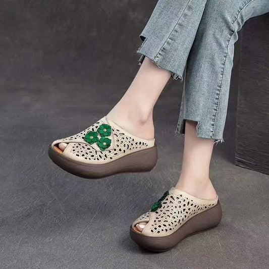 Women's summer sandal drag soft leather hollow retro middle-aged and elderly mom outside the fish mouth slippers