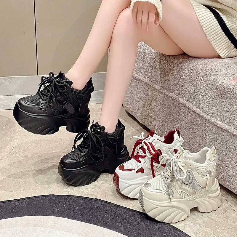 Women Platform Sneakers Lace-up Autumn 11CM Sports Dad Shoes High Top Chunky Casual Shoes Woman Thick Bottom Mesh White Shoes