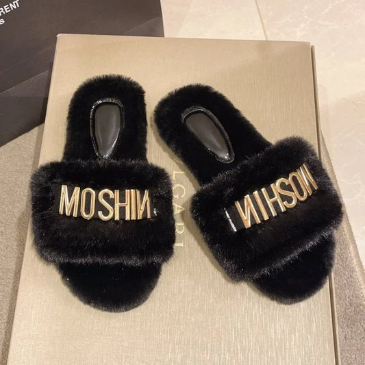Plus Size 35-42 Plush Slippers Women Autumn and Winter New Fashion Metal Flat Cotton Slippers Non Slip Warm Zapatillas Planas