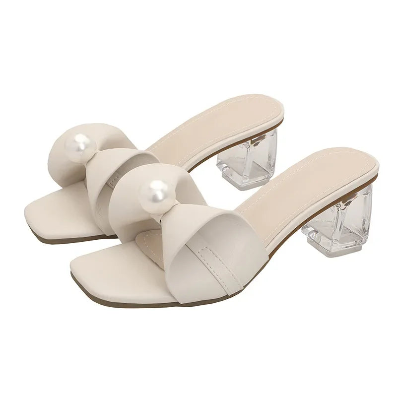 New Women's Summer Pumps High Heel Fretwork Heel Slippers Elegant Pearl Decoration Slip on Stiletto Korean Style Sandal