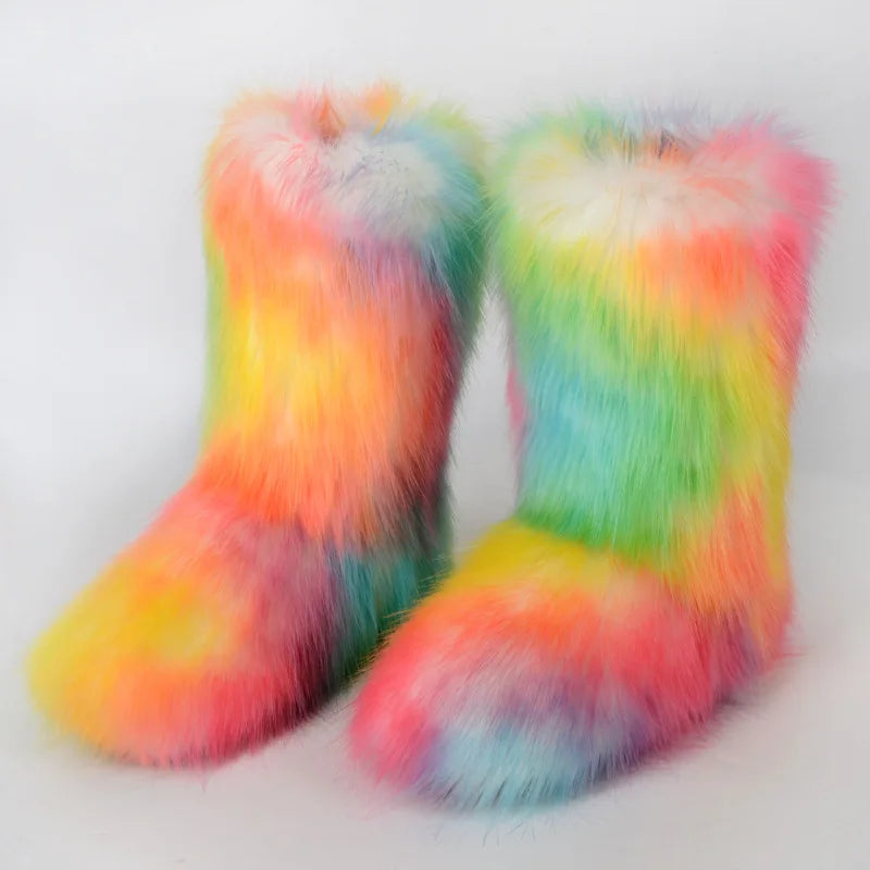 Winter Shoe Women's Winter Fluffy Faux Fox Fur Boots Woman Plush Warm Snow Boots Luxury Footwear Girls' Furry Fur Bottes Fashion