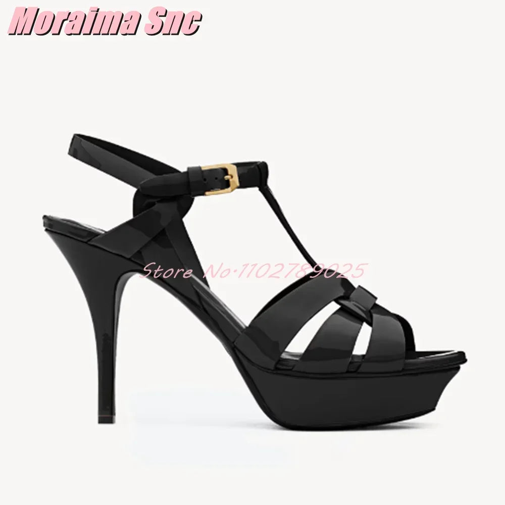 Platform Waeve T-strap Square Toe Sandals Stiletto High Heel Patent Leather Ankle Buckle Strap Sexy Fashion Women's Dress Shoes